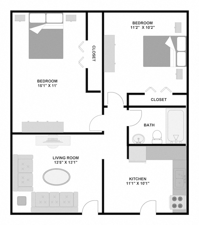 Floor plan for 2 beds, 1 bath, 725 sqft